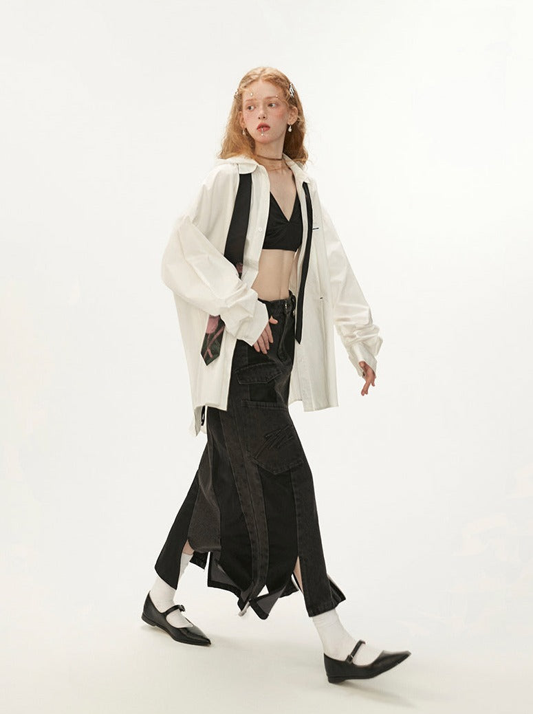 Black Leather Asymmetrical Denim Skirt