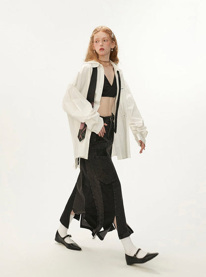Black Leather Asymmetrical Denim Skirt