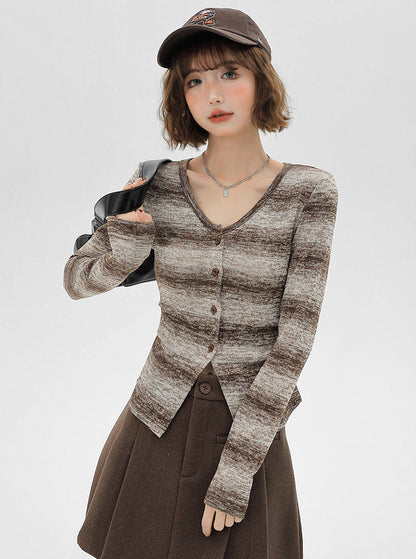 American Retro Knit Striped Cardigan Gradient