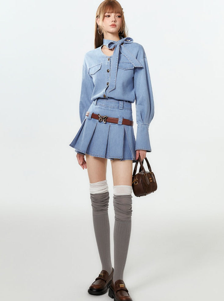 プリーツデニムネックシャツリボンスカート