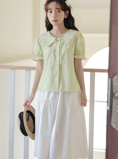 Puff Sleeve Skirt Flared Summer Shirt + Retro Medium