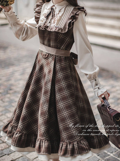 Manteau sans manches, ceinture, ruban, classique, superposé, accessoire, robe, marron, carreaux, rétro, perle, volume