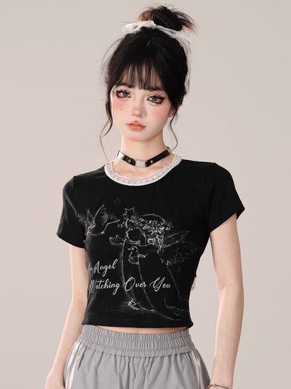 Black Little Short Angel Short Design Tops