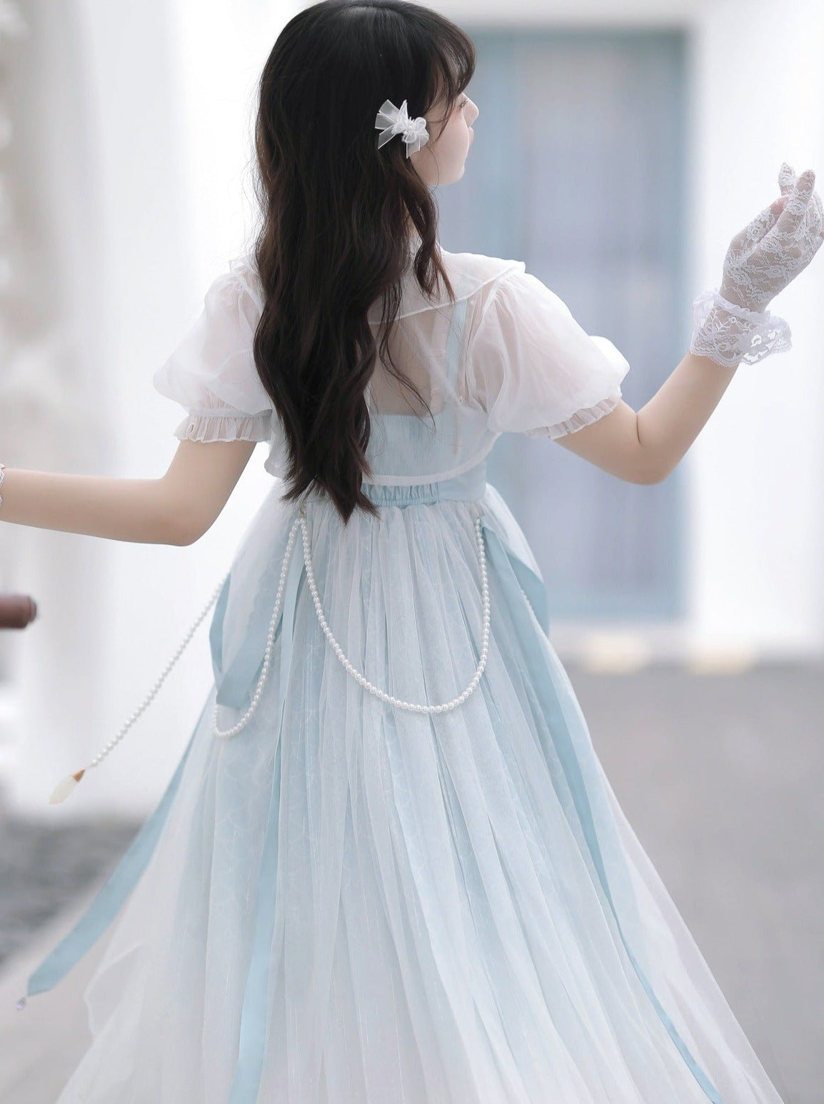 Blue Shawl Sheer Summer Summer Dress + Lolita Chinese