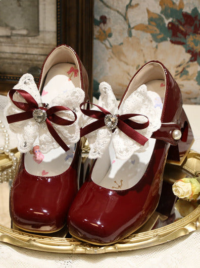 Chaussures élégantes à talons carrés en dentelle et ruban, bout pointu, Lolita Love