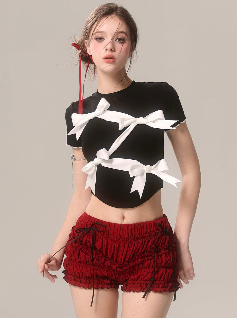 Ruffle Cherry Shorts Red