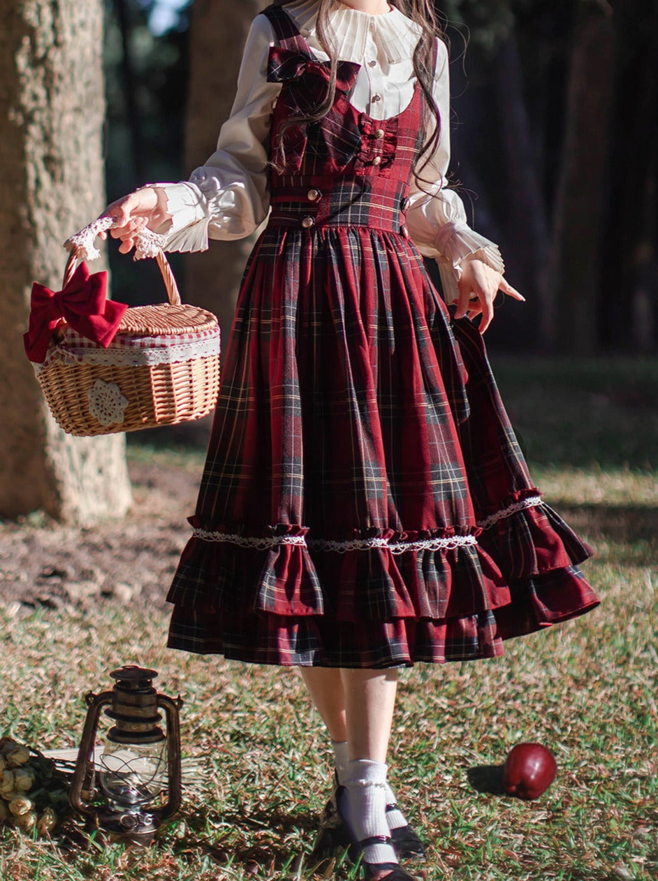 Robe Col Ruban Capuche Tête Montante Rouge Petit + Écharpe À Volants Plissée Cape Manteau Chemise À Carreaux