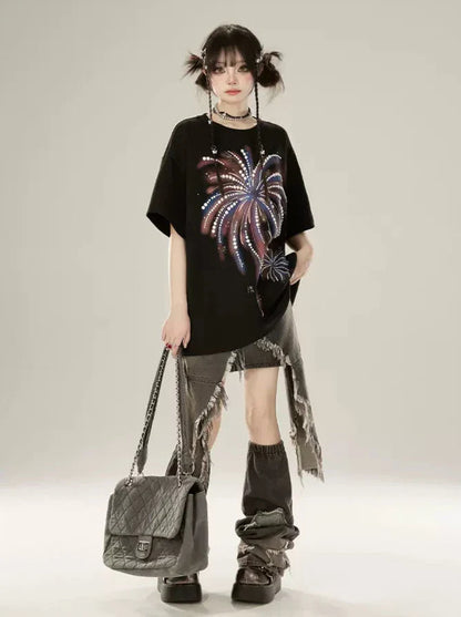 Lockeres T-Shirt Fireworks Schwarz Print