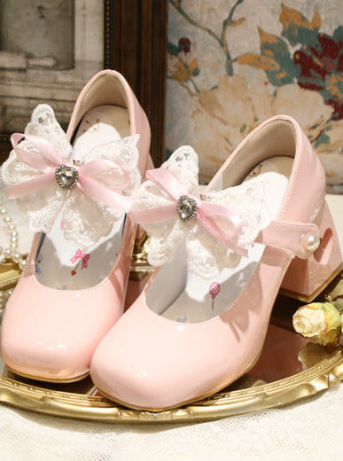 Chaussures élégantes à talons carrés en dentelle et ruban, bout pointu, Lolita Love