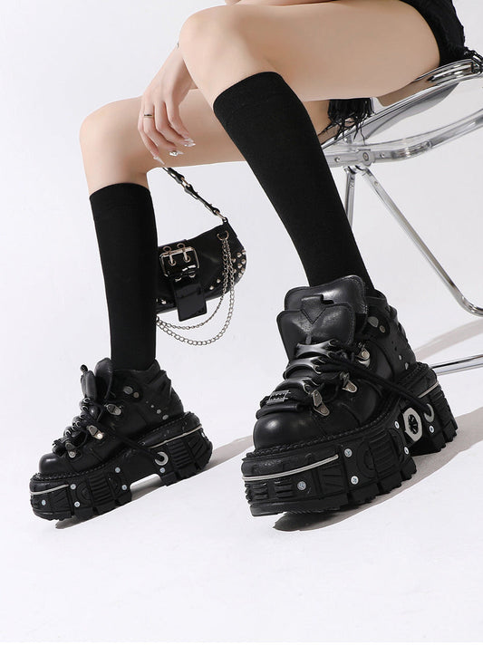 Chain Punk Metal Platform Plain Dark Shoes High-top