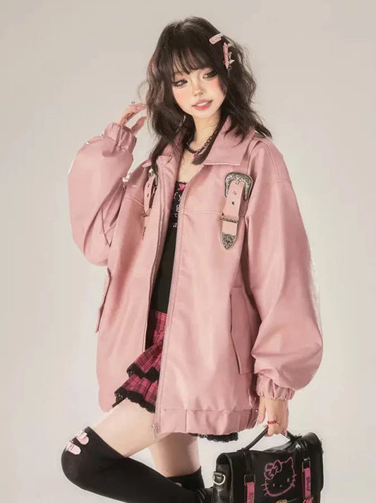 Veste en cuir rose rétro avec boucle et fermeture éclair