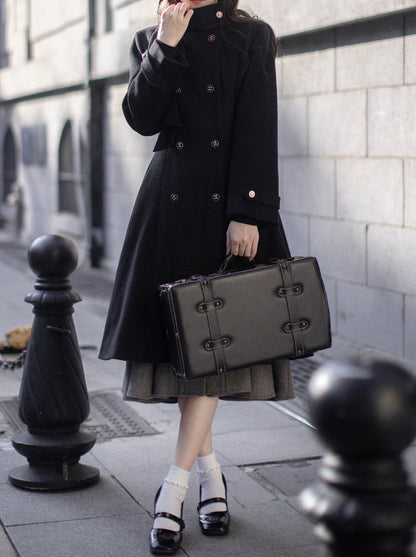 Porte-manteau rétro à col double en laine et ruban boutonné élégant