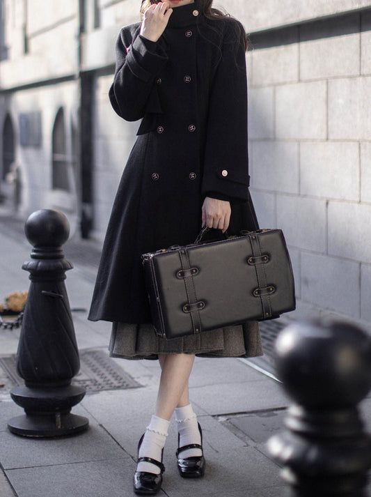 Porte-manteau rétro à col double en laine et ruban boutonné élégant