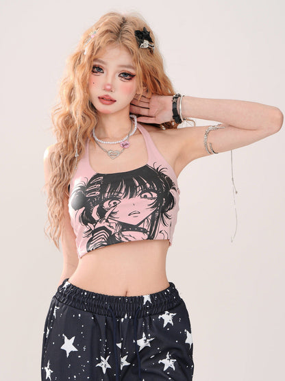Short Neck Halter Top Girl's Strap Print