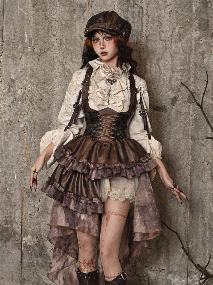 マイラードチェストPUスカートアシンメトリースチームパンクストラップサポート