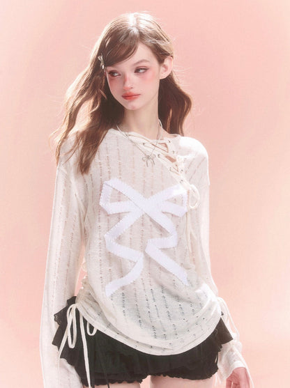 Sheer Lace-up Design Ribbon Top Asymmetrical