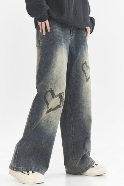Heart Print Style Street Jeans