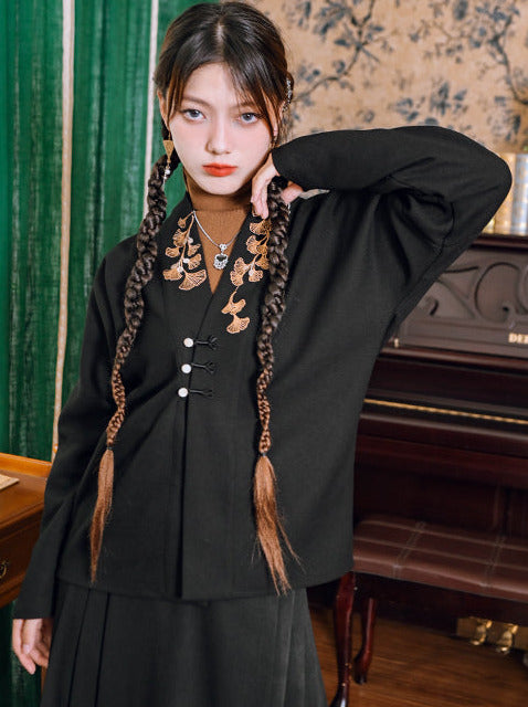 Veste à col en V avec broderie chinoise et feuilles