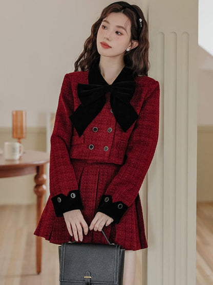 Jupe veste + tweed plissé rétro girly foncé