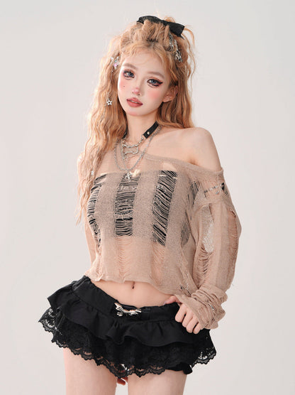 Short Top Ripped + Knit Off-Shoulder Lace-Up Top Back Tube
