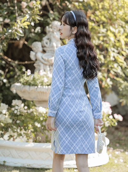 Check China + Short Knit Cardigan Dress Girly Retro