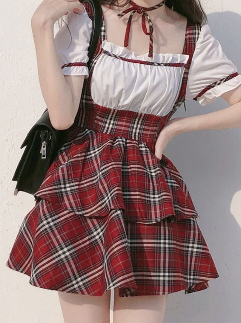 Pants Puff Scottish + Choker Ribbon Puffy Sleeve Cake + Check Dress Red