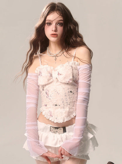 Sheer Top Fragrance Appliquot Shoulder Sleeve One Flower Suspender