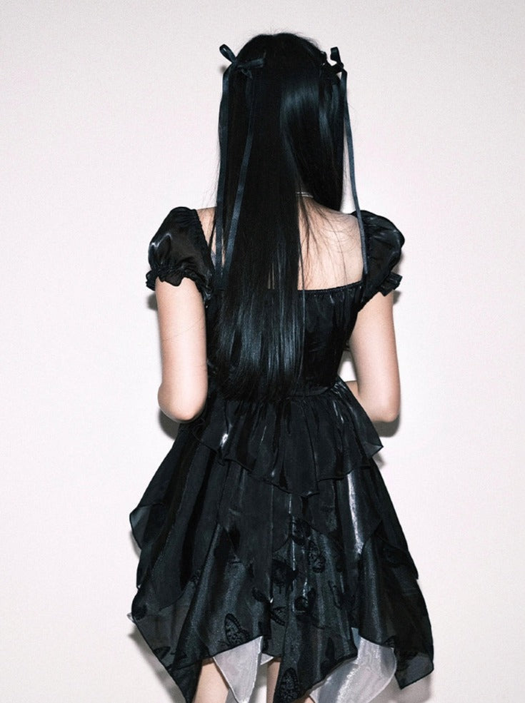 Sleeveless Bow Black Puff Ribbon Dress