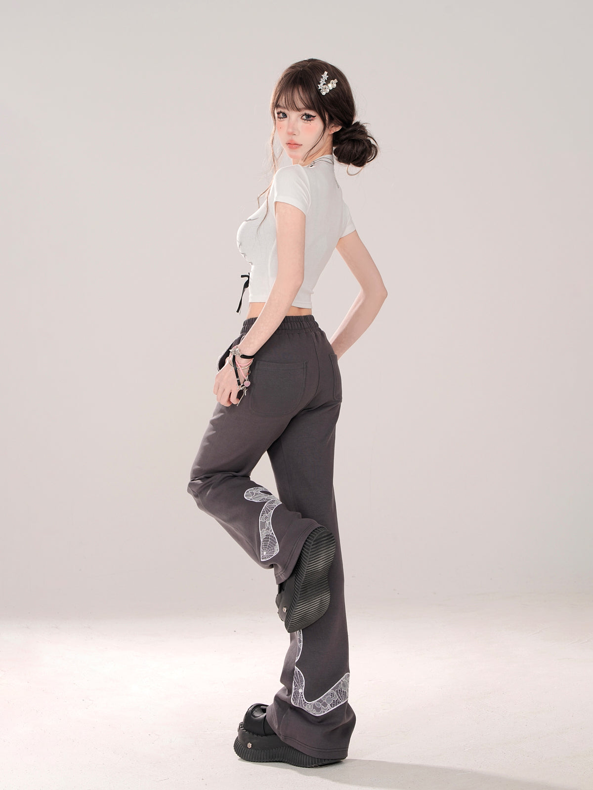 Niche Lace Design Casual Gray Ribbon Pants