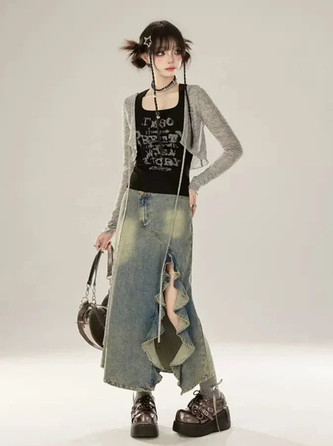 Skirt Slit Denim Frill Design