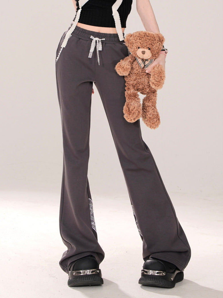 Niche Lace Design Casual Gray Ribbon Pants