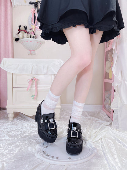 Enamel Platform Shoes Matte Toe Jewel Pointed Black Black Loafer