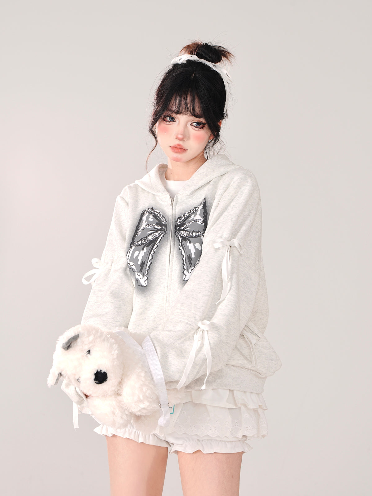 Zip-Up Hooded Loose Black Hoodie Ribbon