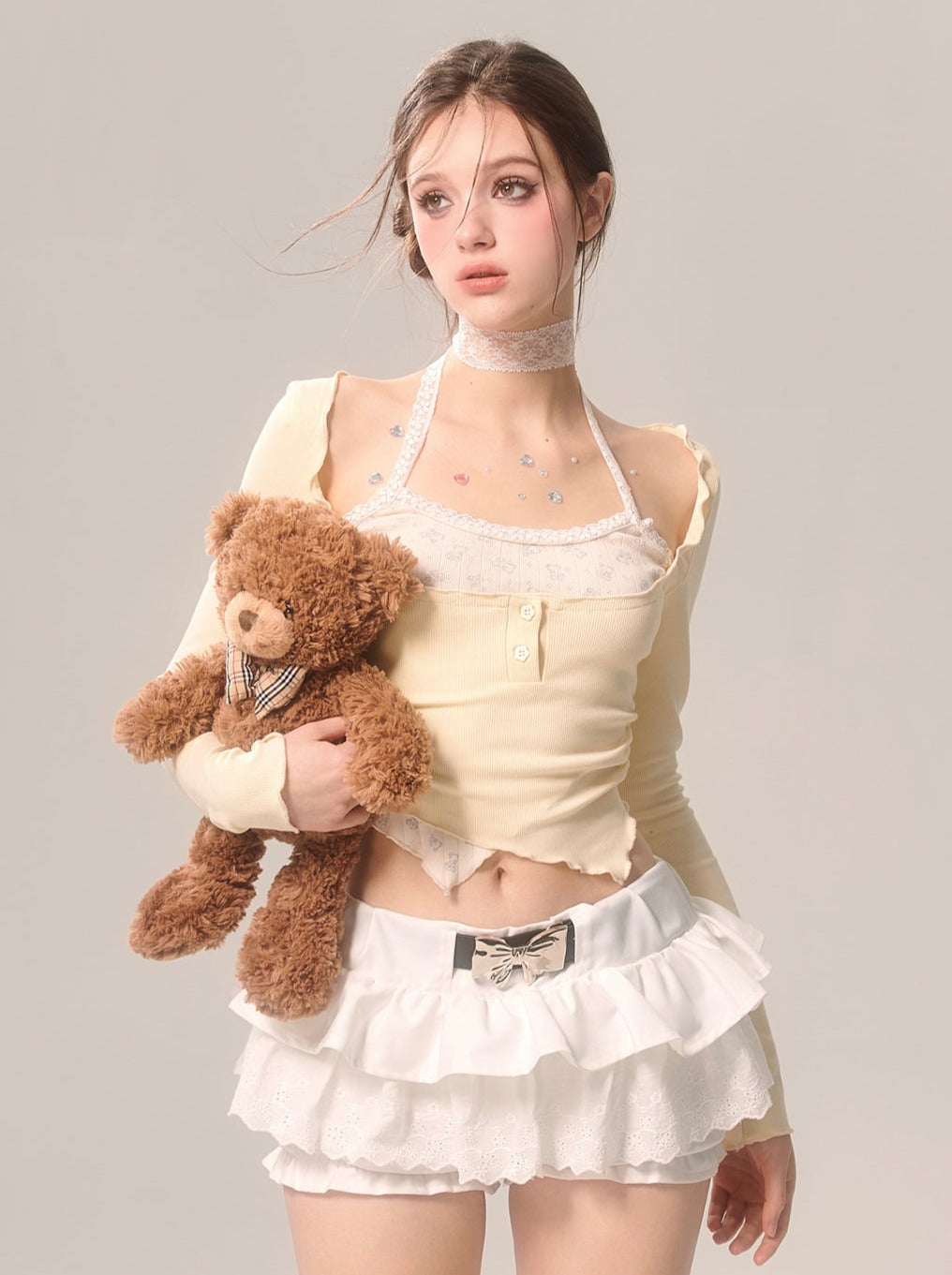 Pearl Ribbon Skirt White French Pants Lace Flared White Eye