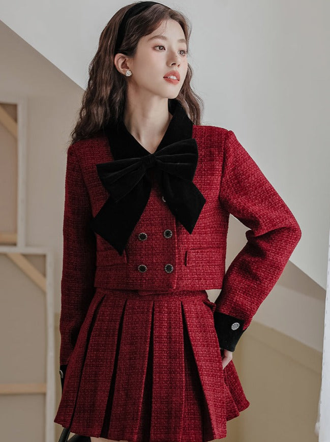 Jupe veste + tweed plissé rétro girly foncé