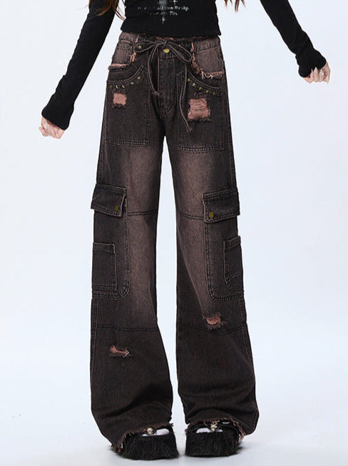 Gradient Retro Cargo Denim Damaged Black Pants