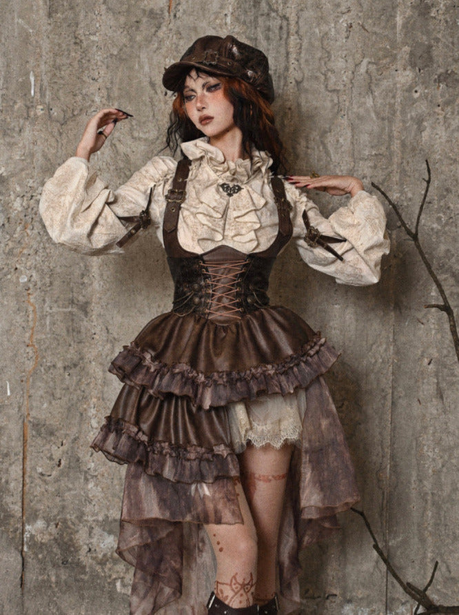 マイラードチェストPUスカートアシンメトリースチームパンクストラップサポート