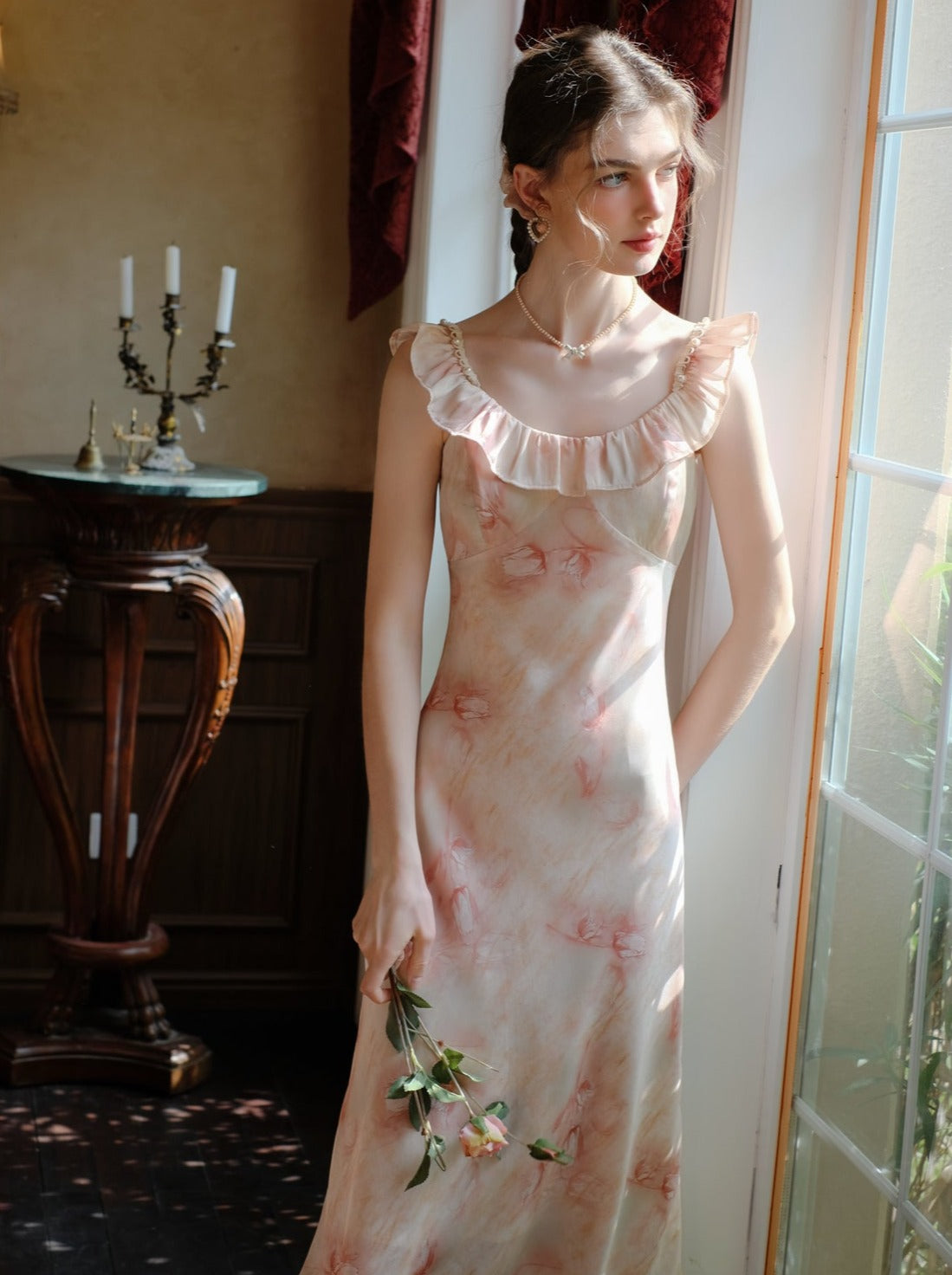 Long Suspender Dress Flower Blouse Cardigan + Sheer