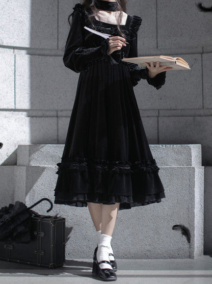 Collar Black Belt Elegant Retro + French Swan Ribbon Dress Square + Velvet
