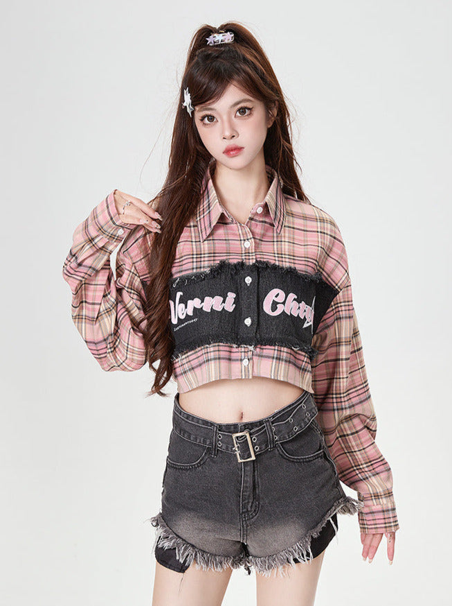 Check Splicing American Retro Short Shirt