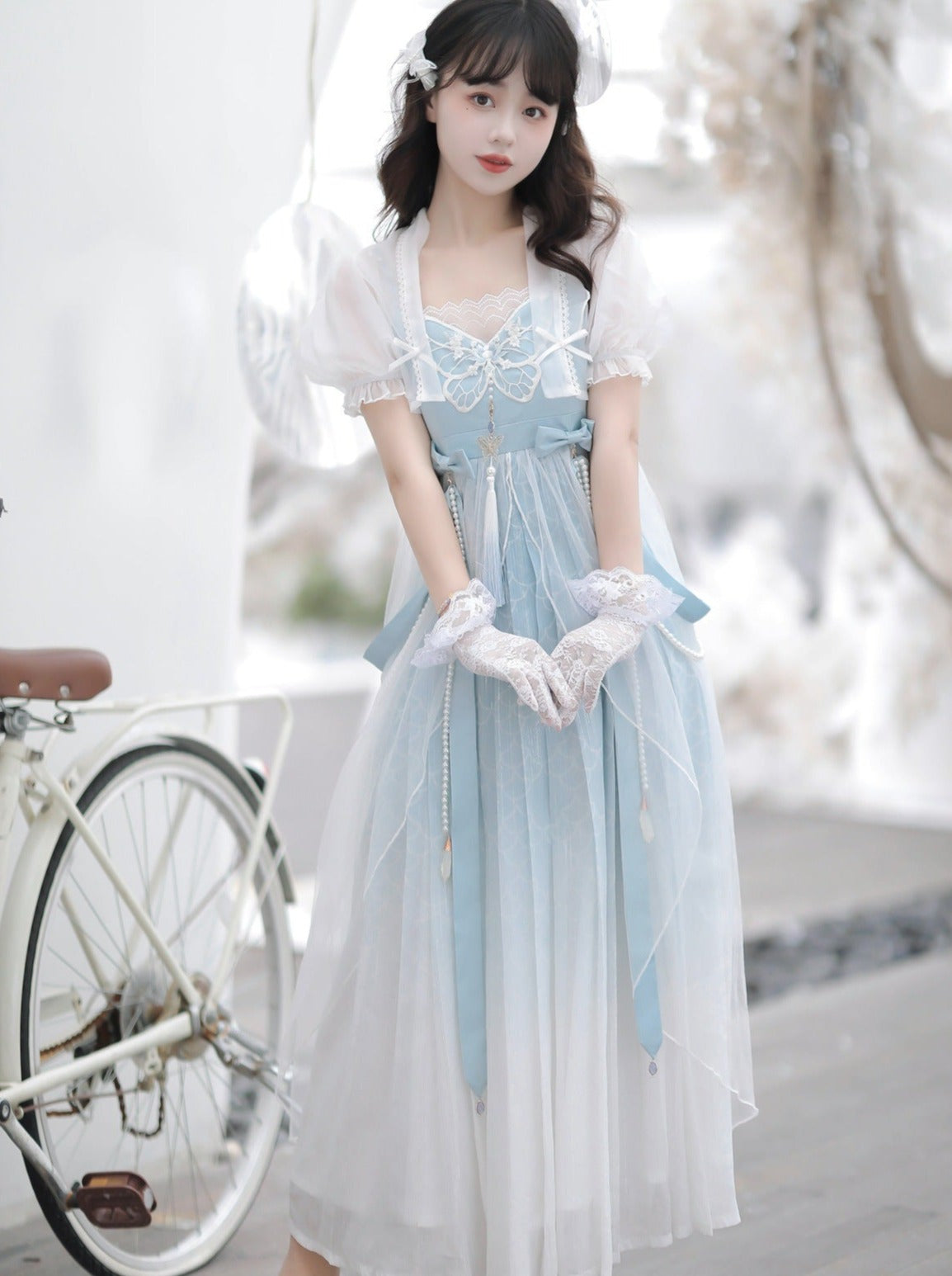 Blue Shawl Sheer Summer Summer Dress + Lolita Chinese