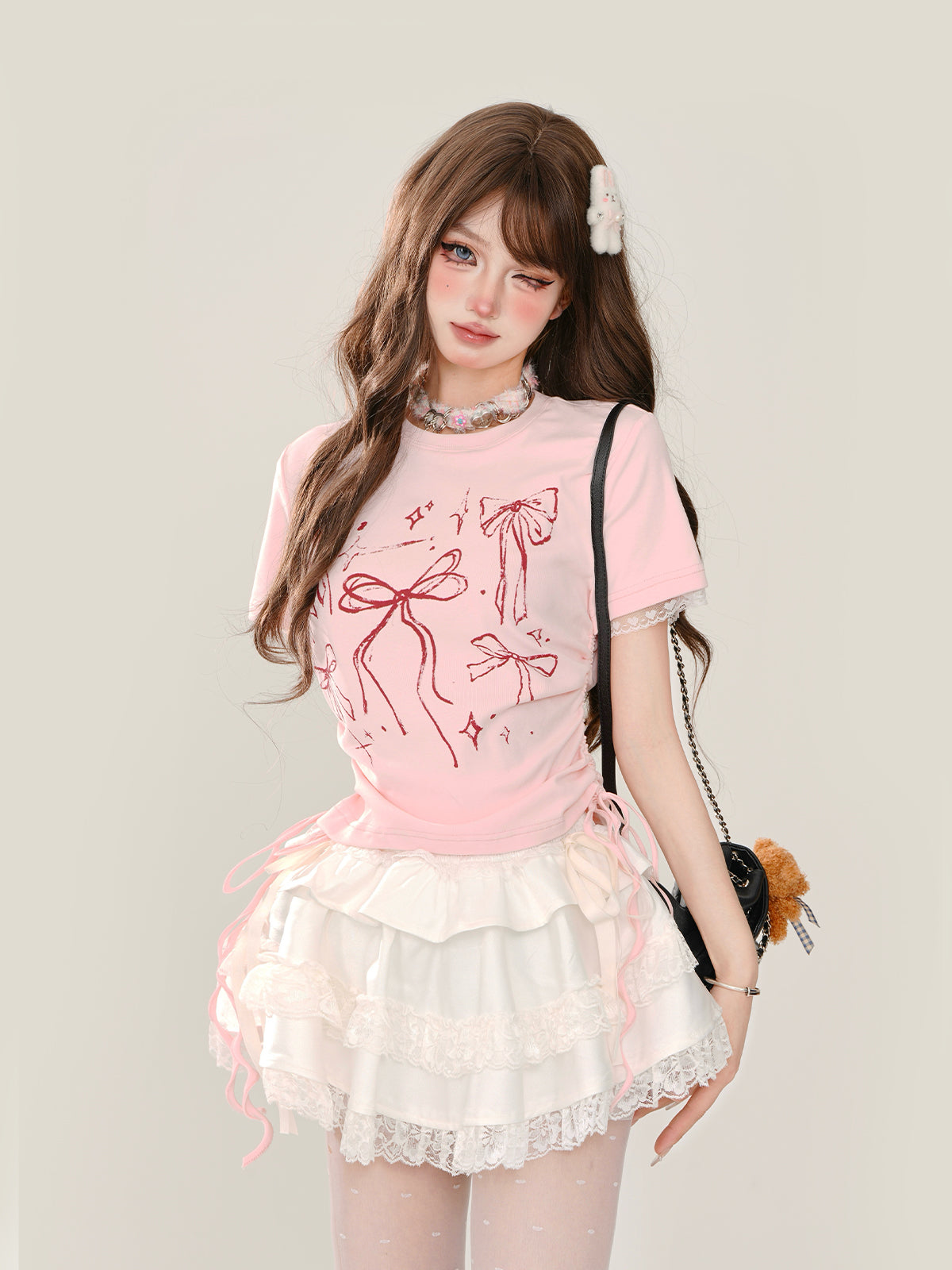 Shirring Ribbon Top Sweet Illustration Side