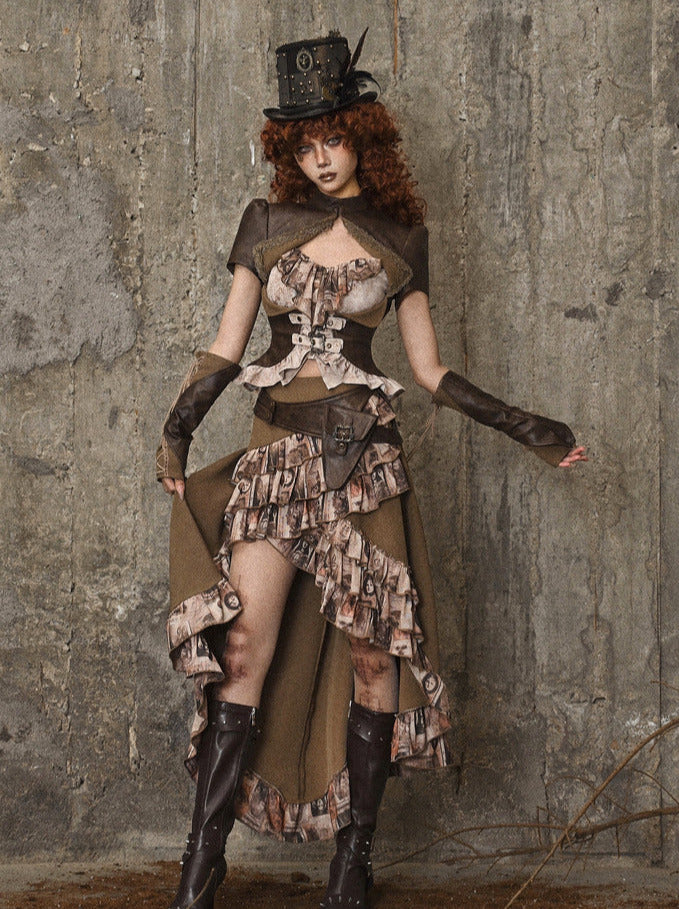 Sac à volants, jupe traînante en PU, taille steampunk, style antique rétro