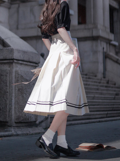 Chemise élégante à manches courtes et oreilles de lapin marin français, style rétro, col bouffant, jupe plissée