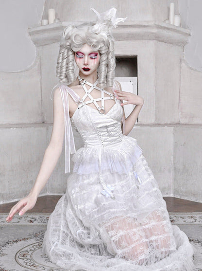 Mesh Schlafen Pentagramm Gothic Spitze Hosenträger Weiß Alice Dunkles Kleid