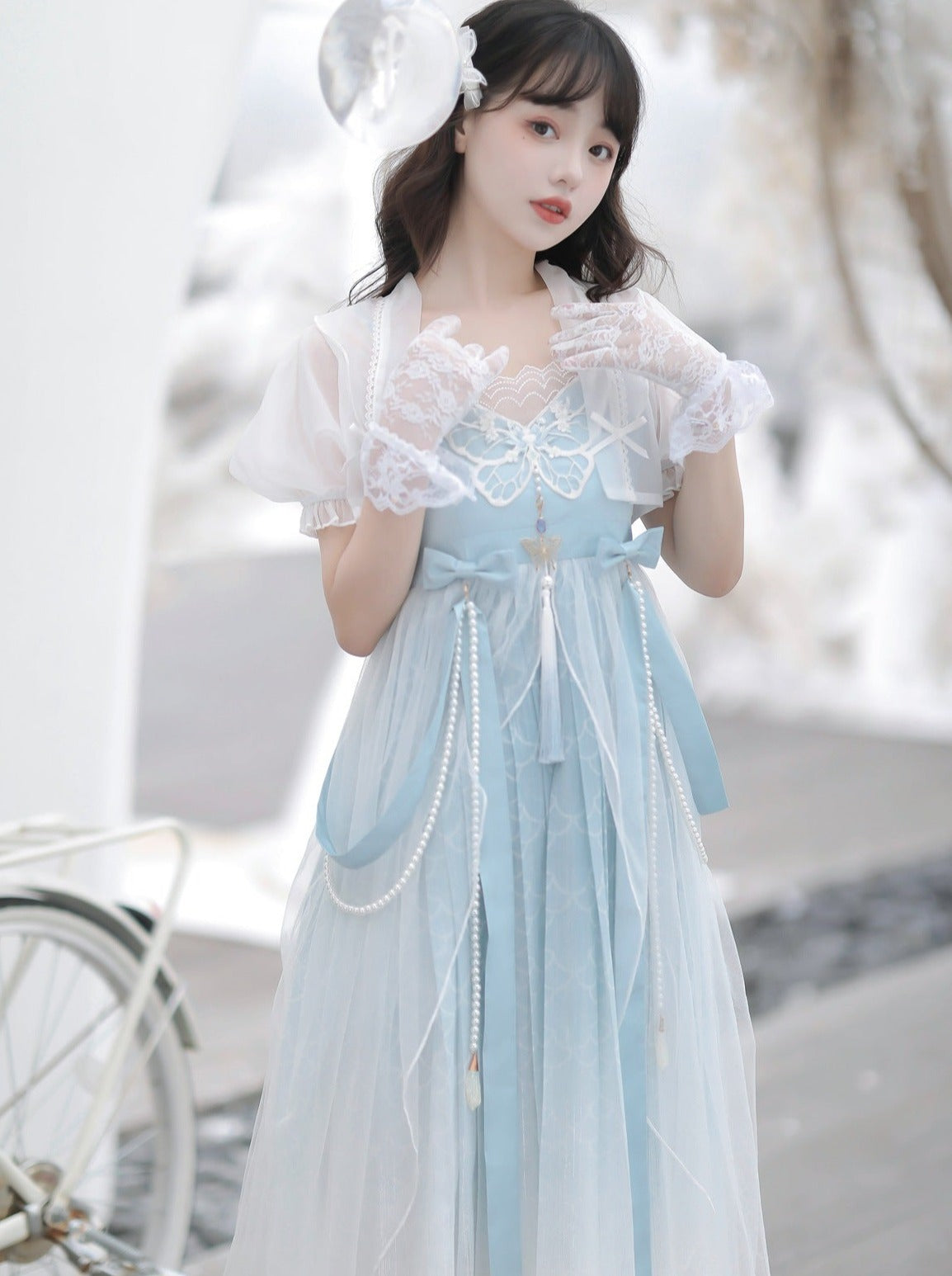 Blue Shawl Sheer Summer Summer Dress + Lolita Chinese