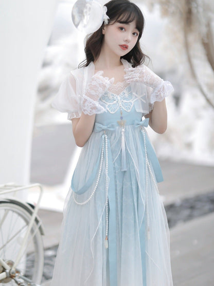 Blue Shawl Sheer Summer Summer Dress + Lolita Chinese