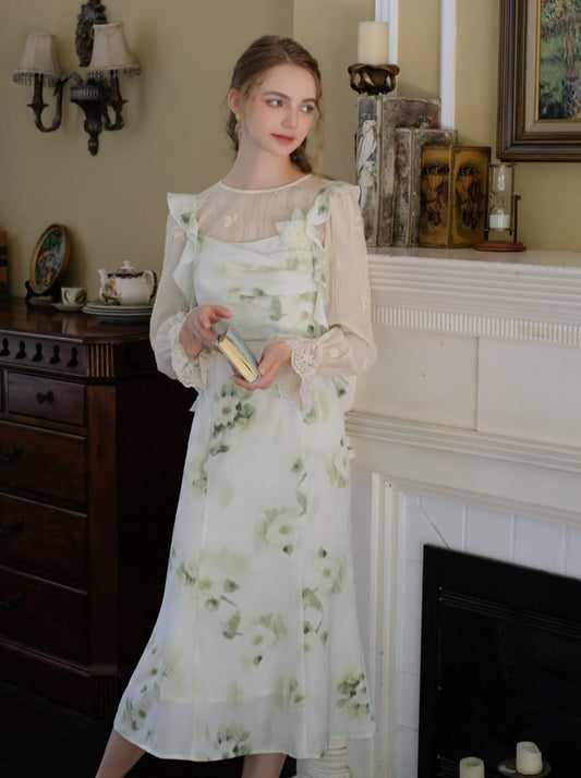 Skirt Top Green Camisole Flower Sheer + Chiffon