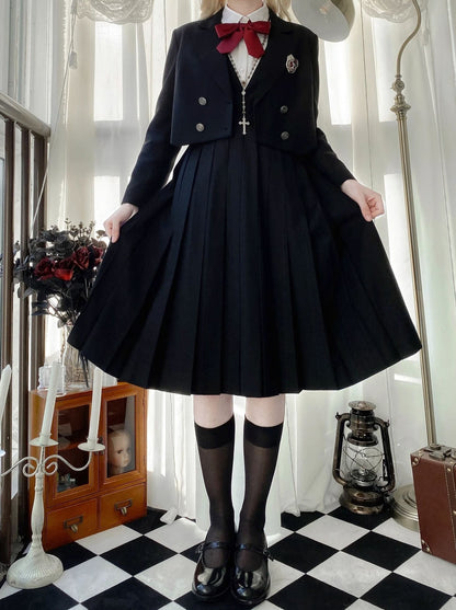 Hemdjacke Weißes Kleid Schwarzes Prinzessinnen-Kurzkleid Plissee-Stil College V-Ausschnitt