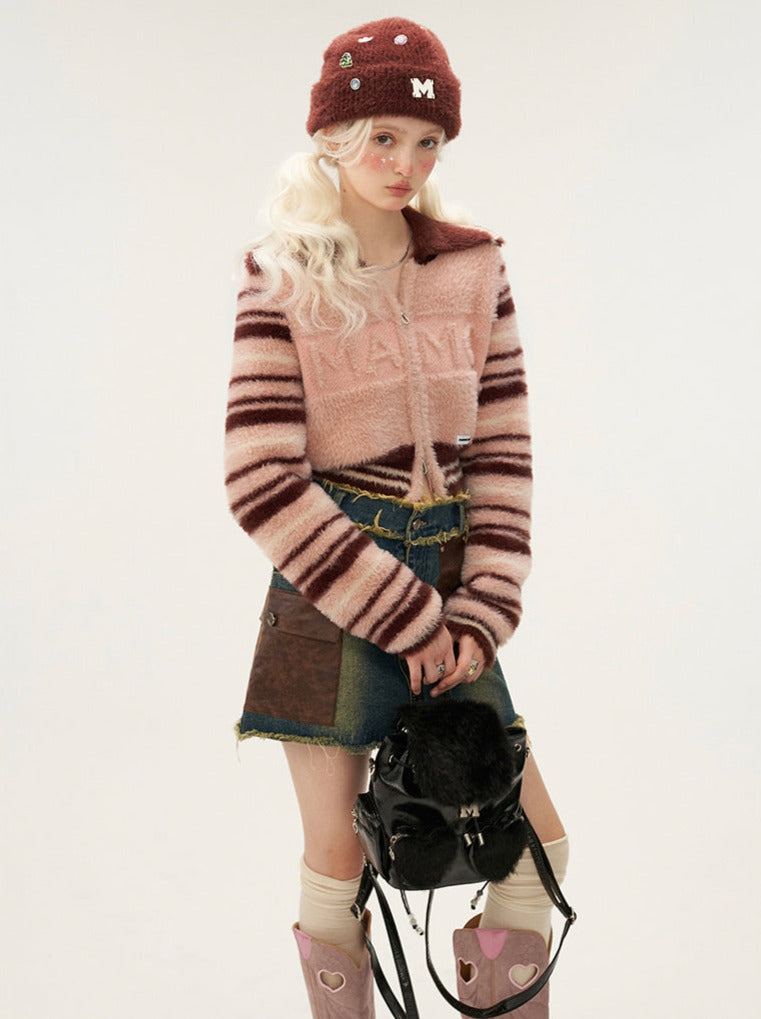 Striped Double Wool Zipper Cardigan Top